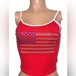USA American Flag Bling Rhinestone Top Sporty 4th Bling Crop Top Patriotic New L